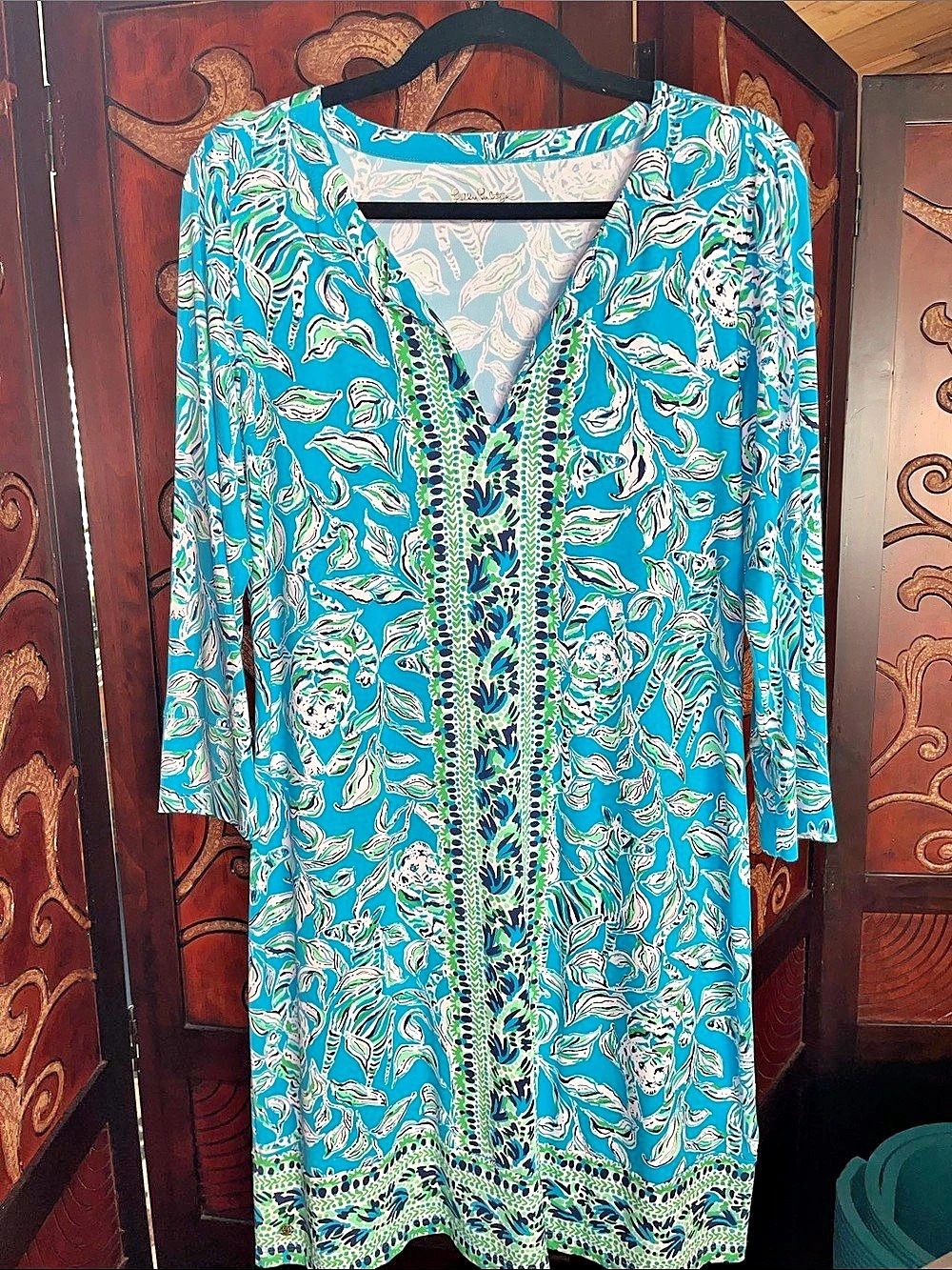 Lilly Pulitzer Abstract Print Long Sleeve Dress in Blue & Green size Large EUC